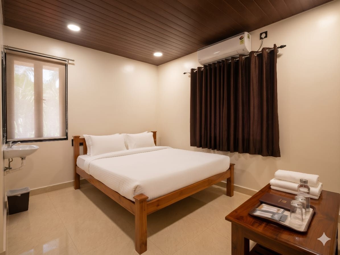 Double room with white linen, AC, wash basin and side table