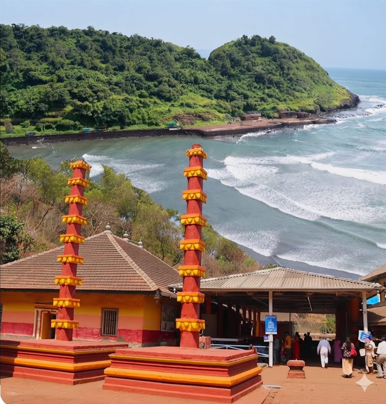 Shri Harihareshwar temple with the bay and hills behind it